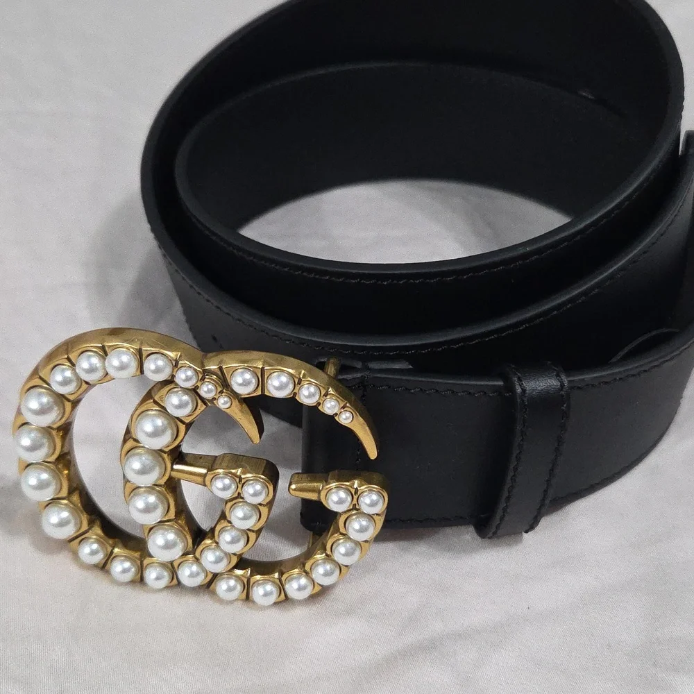 Gucci Black Marmont Pearl Belt Gold GG Buckle - Picture 2 of 14